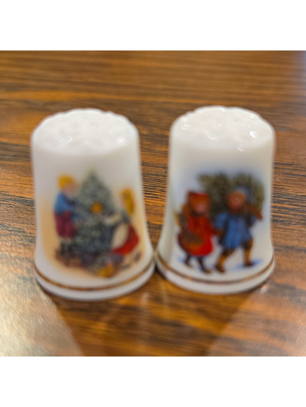 Lot of 2 Porcelain Christmas 1981 & 1982 sewing thimbles